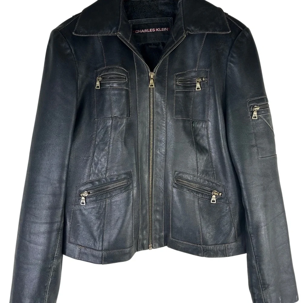 Charles Klein Moto Bomber Leather Jacket Coat Womens Sz Large Black Zip Up - Picture 2 of 8